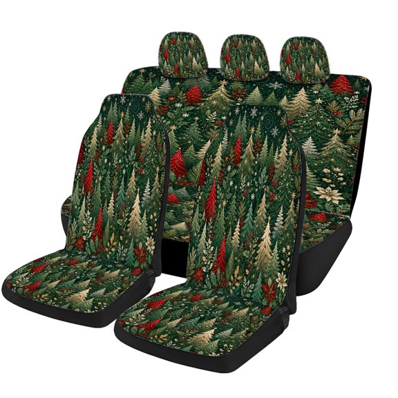 Verolix Green Holiday Evergreen Forest Universal Car Seat Covers Full Set, Mesh Fabric Auto Seat Cover Set with Front Bucket, Rear Bench and Headrest Covers, Interior Decor for Cars SUVs Trucks Vans