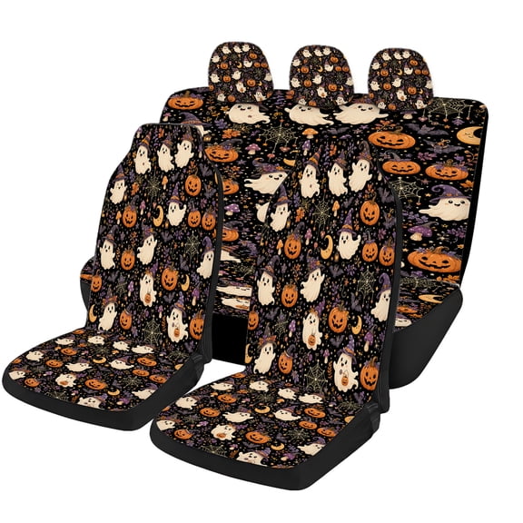 Verolix Halloween Ghost Pumpkin Car Seat Covers Full Set, Mesh Fabric Universal Fit Auto Seat Protectors, Black Orange Cute Fall Moon Bat Spider Web Seat Cover Decor for Cars SUVs Trucks Vans
