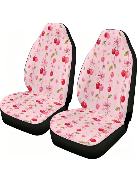 Hanging Cherry Gingham Bow Heart Car Seat Covers, 2-Piece Front Protectors, Breathable Mesh Fabric Universal Fit for Trucks Vans Suvs