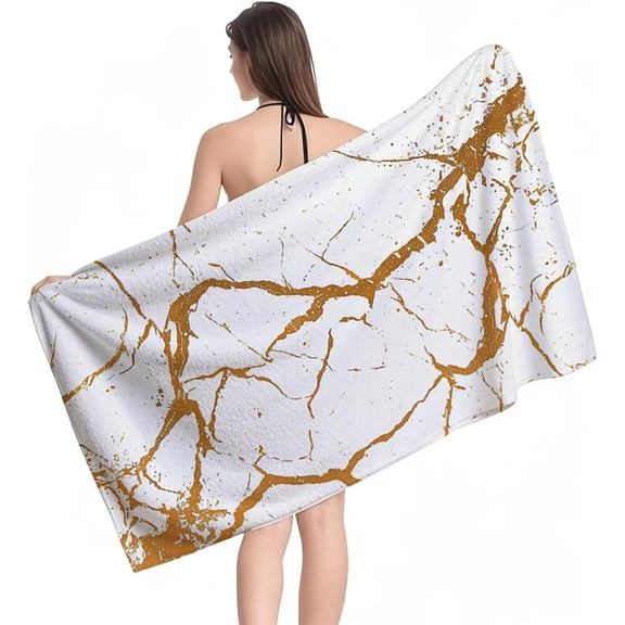 Verolix Marble Pattern Beach Towel 28 x 56 Inch Towelcloth Quick Dry Lightweight Pool Towel with Gold Vein Design for Beach Travel Swimming Vacation