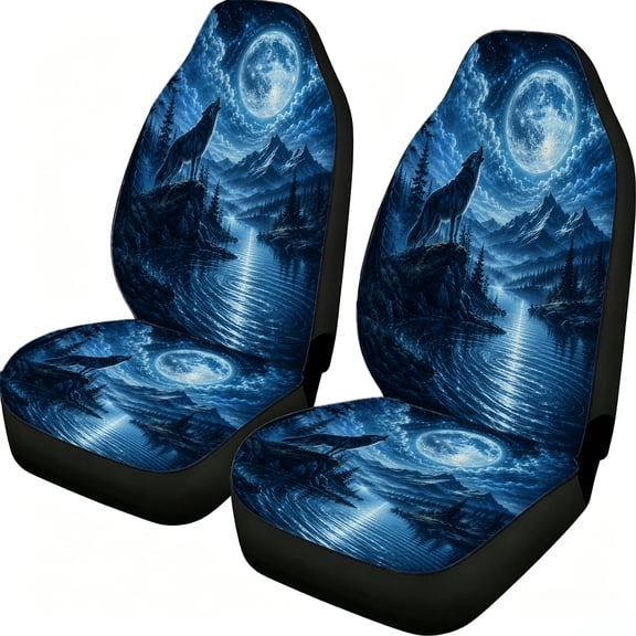 Verolix Moonlit Wolf Mountain Lake Front Car Seat Covers 2 Pack Mesh Fabric Universal Bucket Seat Covers Blue Full Moon Forest Print for Cars Suvs Trucks Vans Easy Install Auto Interior Accessories
