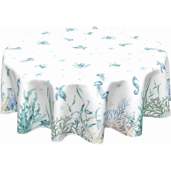 Verolix Ocean Theme Round Tablecloth 60 Inch, Sea Turtle Jellyfish Coastal Polyester Table Cover, Waterproof Washable Wrinkle Resistant Tablecloth for Dining Outdoor Picnic Beach Party Decor
