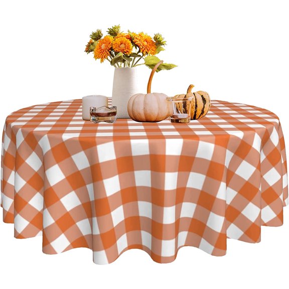 Verolix Orange Buffalo Plaid Round Tablecloth 60 Inch, Autumn Checkered Table Cover for Dining Table Decor