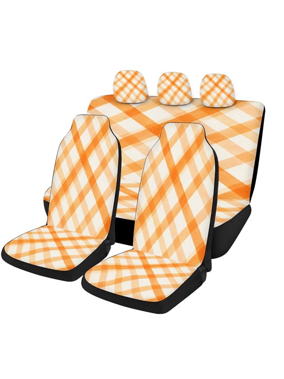 Orange Gingham Plaid Car Seat Covers Full Set, 5 Piece Universal Seat Covers with Front Seat Covers, Rear Bench Cover and Headrest Covers for Cars, SUVs, Trucks and Vans