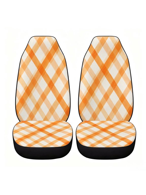 Orange Gingham Plaid Front Seat Covers, Set of 2 Universal High Back Car Seat Covers, Breathable Mesh Fabric Seat Covers for Cars, SUVs, Sedans and Vans