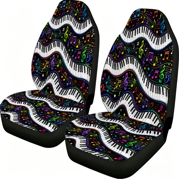 Verolix Piano Keyboard Music Notes Front Car Seat Covers 2 Pack Mesh Fabric Universal Bucket Seat Covers with Colorful Wave Staff Print for Cars Suvs Trucks Vans Easy Install Auto Accessories
