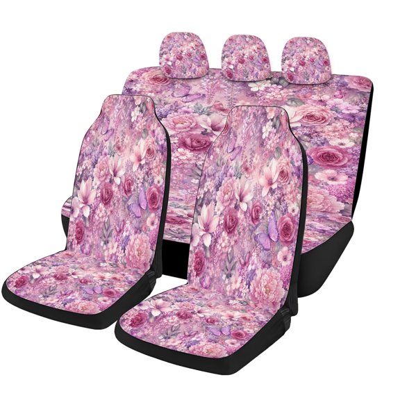 Verolix Pink Rose Garden Dream Car Seat Covers Full Set of 5, Universal Auto Seat Covers with Front Seat Covers, Rear Bench Cover and Headrest Covers for Cars SUVs Trucks Vans, Interior Accessories