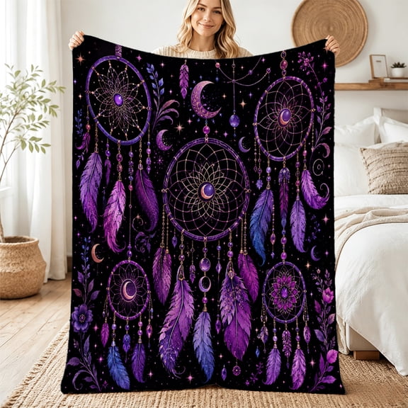 Verolix Purple Moon Dreamcatcher Flannel Throw Blanket for Couch and Bed, Holiday Gift, 30" x 40"