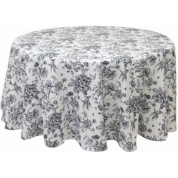 Verolix Round Tablecloth 60 Inch, Black and White French Toile Floral Table Cover Polyester Waterproof Washable Table Cloth for Dining Kitchen Farmhouse Decor