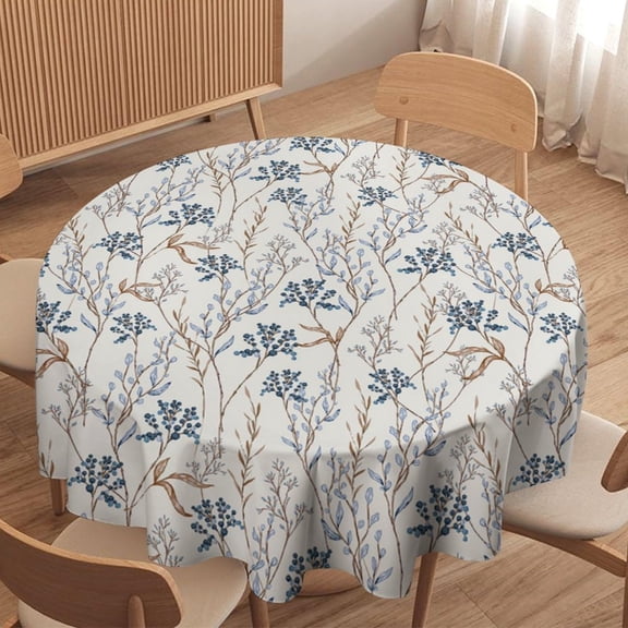 Verolix Round Tablecloth 60 Inch, Blue Botanical Leaf Table Cover, Waterproof Washable Wrinkle Resistant Fabric Table Cloth for Dining Room Kitchen Indoor Outdoor Decor