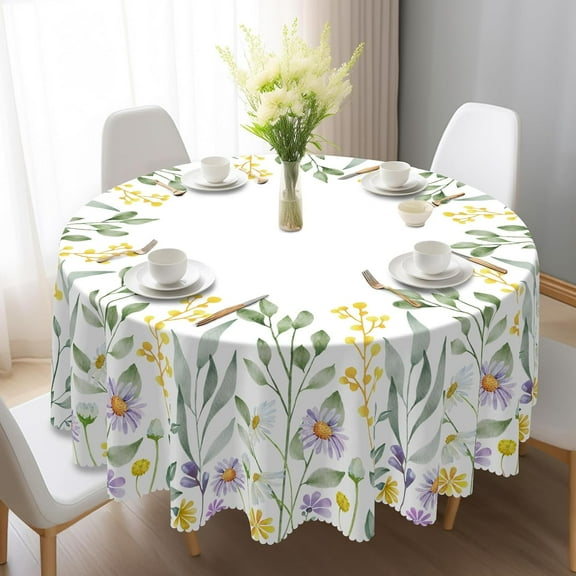 Verolix Round Tablecloth 60 Inch, Floral Leaves Polyester Table Cover, Spring Summer Botanical Tablecloth for Dining Table, Washable Indoor Outdoor Table Cover