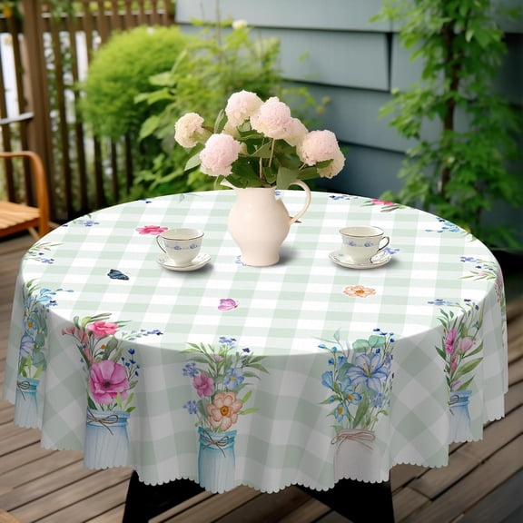Verolix Round Tablecloth 60 Inch, Gingham Floral Polyester Table Cover for Dining Table, Farmhouse Kitchen Tablecloth for Indoor Outdoor, Picnic Home Decor