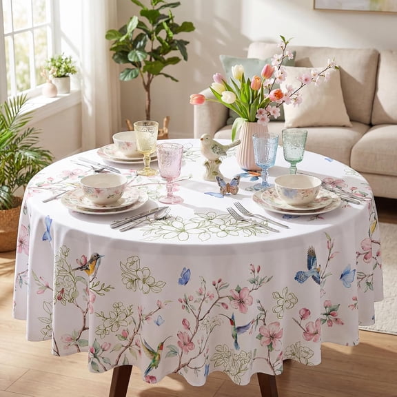 Verolix Round Tablecloth 70 Inch, Bird Floral Table Cover Polyester Waterproof Washable Table Cloth for Dining Kitchen Indoor Outdoor Decor