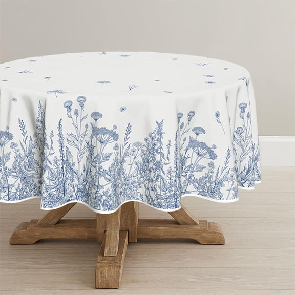 Verolix Round Tablecloth 70 Inch, Blue Floral Table Cover Polyester Waterproof Washable Table Cloth for Dining Table Kitchen Indoor Outdoor Decor