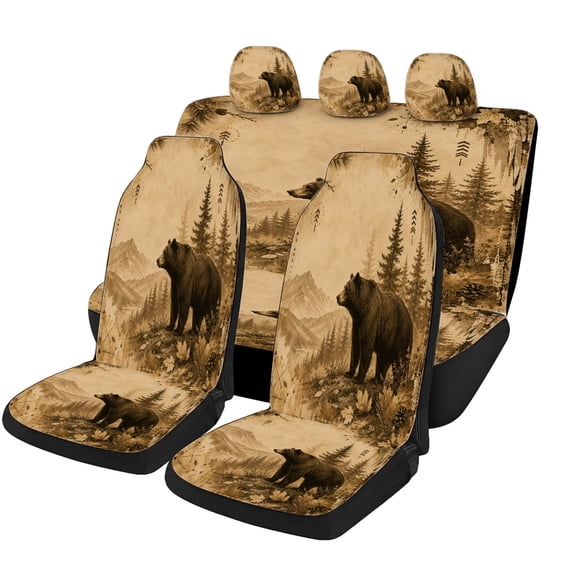 Verolix Rustic Bear Wilderness Car Seat Covers Full Set of 5, Universal Auto Seat Covers with Front Seat Covers, Rear Bench Cover and Headrest Covers for Cars SUVs Trucks Vans, Interior Accessories