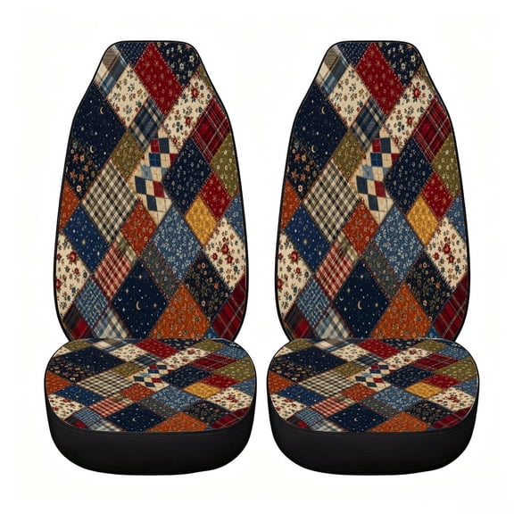 Verolix Rustic Patchwork Quilt Car Seat Covers, Front Seats Only Set of 2, Universal High Back Mesh Fabric Seat Covers for Cars, SUVs, Sedans and Vans