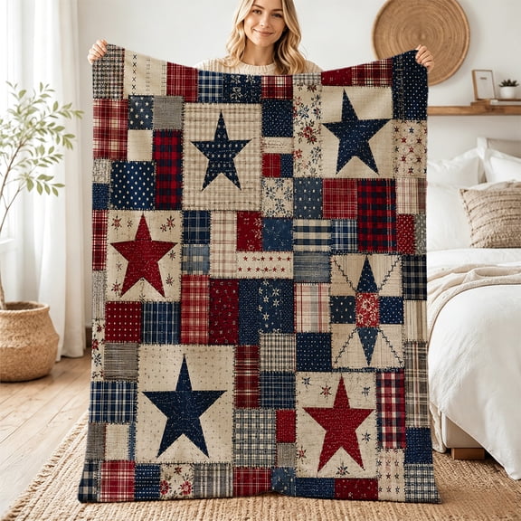 Verolix Rustic Patchwork Throw Blanket 40 x 50 Inch Soft Flannel Lightweight Cozy Farmhouse Couch Blanket Decorative Plaid Star Quilt Style Blanket for Sofa Bed Living Room