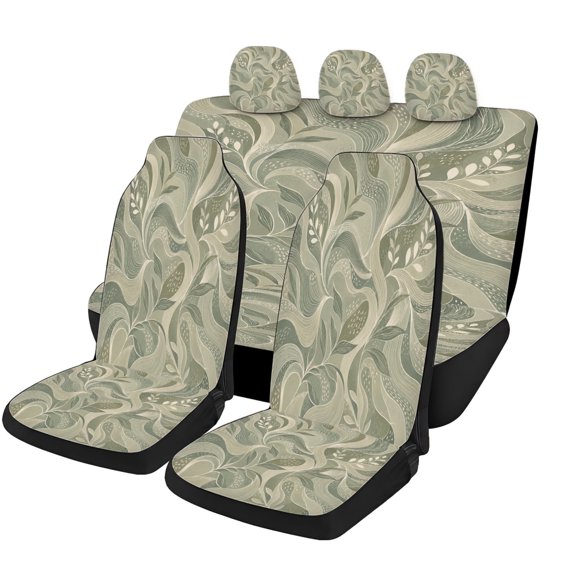 Verolix Sage Leaf Scroll Car Seat Covers Full Set of 5, Universal Auto Seat Covers with Front Seat Covers, Rear Bench Cover and Headrest Covers for Cars SUVs Trucks Vans, Interior Accessories