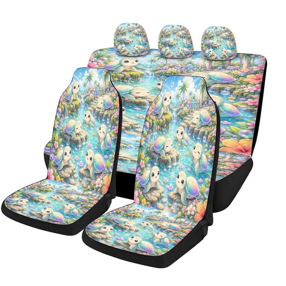 Verolix Sea Turtle Car Seat Covers Full Set, Mesh Fabric Universal Auto Seat Covers with Headrest Covers, Cute Ocean Waterfall Theme for Cars SUVs Trucks Vans