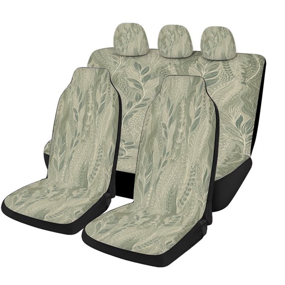 Verolix Soft Sage Fern Leaves Car Seat Covers Full Set of 5, Universal Auto Seat Covers with Front Seat Covers, Rear Bench Cover and Headrest Covers for Cars SUVs Trucks Vans, Interior Accessories