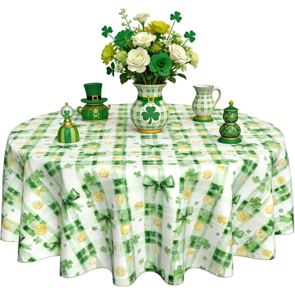 Verolix St Patrick Shamrock Plaid Round Tablecloth 60 Inch, Green Clover Table Cover for Dining Table Decor