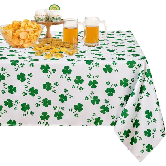 Verolix St. Patricks Day Rectangular Tablecloth 60 x 84 Inch, White Shamrock Microfiber Table Cover for Dining and Holiday Decor