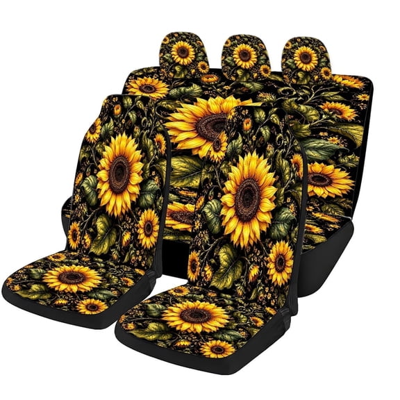 Verolix Sunflower Car Seat Covers 5 Piece Set, Yellow Floral Front and Rear Seat Covers for Cars SUVs Trucks, Mesh Fabric Auto Seat Protector with Black Side Panels, Sunny Travel Interior Decor