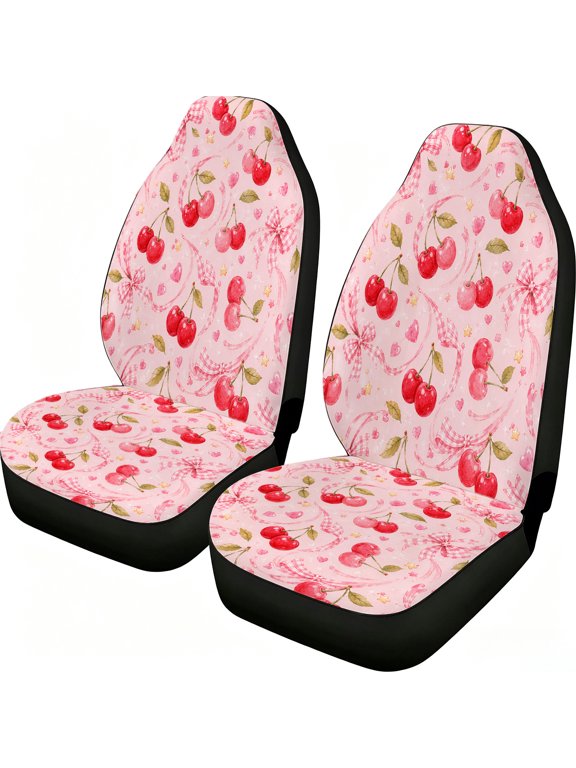 Swirling Cherry Gingham Ribbon Car Seat Covers, 2-Piece Front Protectors, Breathable Mesh Fabric Universal Fit for Trucks Vans Suvs