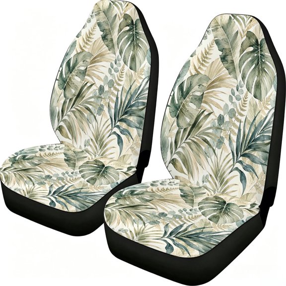 Verolix Tropical Leaf Car Seat Covers, 2-Piece Mesh Fabric Front Seat Protectors with Monstera, Palm and Fern Print, Universal Fit for Cars, Trucks and Pickup Trucks, Sage Green Beige