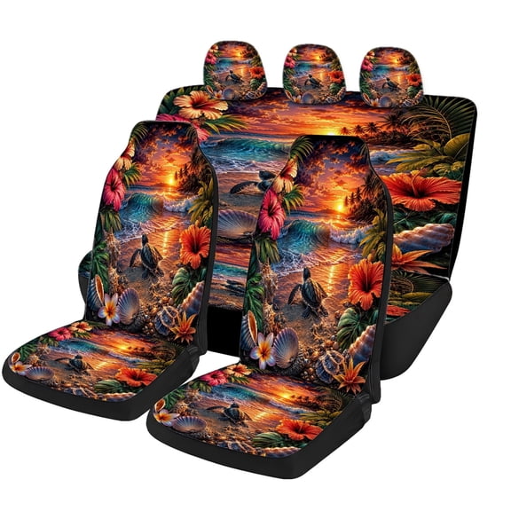 Verolix Tropical Sea Turtle Sunset Car Seat Covers Full Set, Hibiscus Flower Ocean Beach Print Breathable Mesh Fabric Universal Fit Automotive Seat Covers for Cars SUVs Trucks and Vans