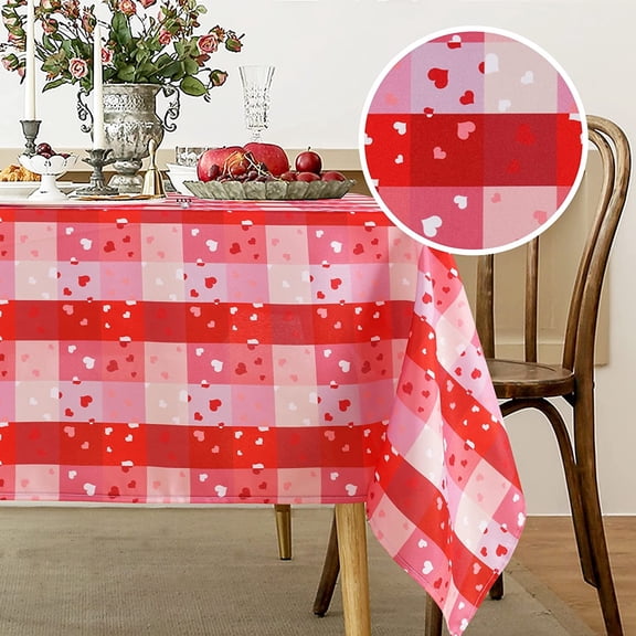 Verolix Valentines Day Rectangular Tablecloth 60 x 84 Inch, Heart Checkered Microfiber Table Cover for Dining and Holiday Decor