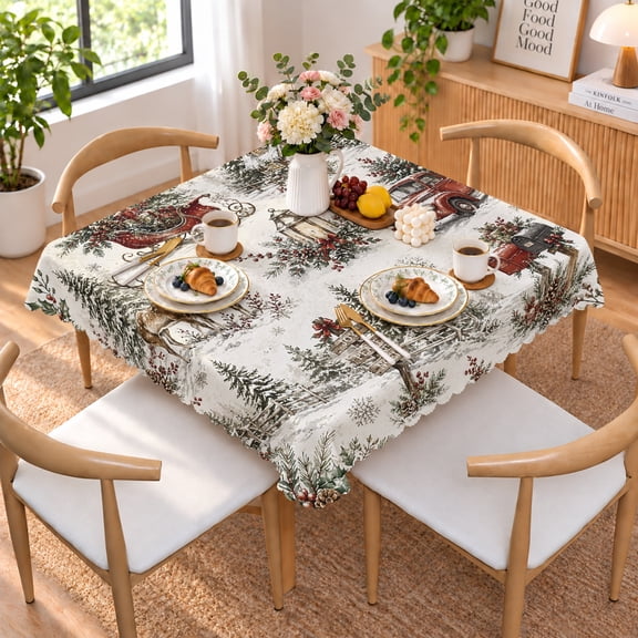 Verolix Vintage Christmas Village Tablecloth 60 x 60 Inch Square, Snowy Cabin Reindeer Red Truck Pattern Waterproof Washable Polyester Table Cover for Dining Kitchen Party