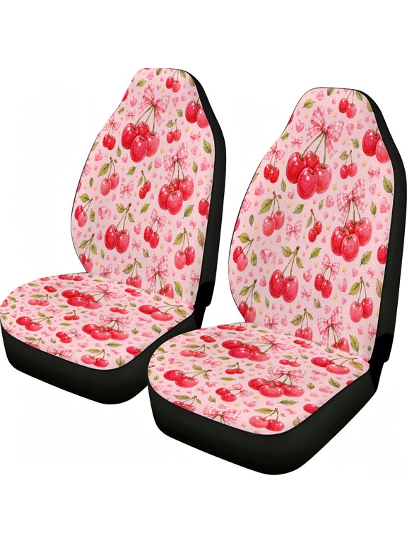 Watercolor Cherry Gingham Bouquet Car Seat Covers, 2-Piece Front Protectors, Breathable Mesh Fabric Universal Fit for Trucks Vans Suvs