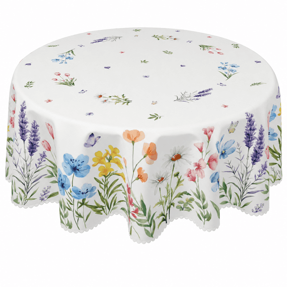 Verolix Wildflower Round Tablecloth 60 Inch, Spring Floral Table Cover for Dining Table Decoration