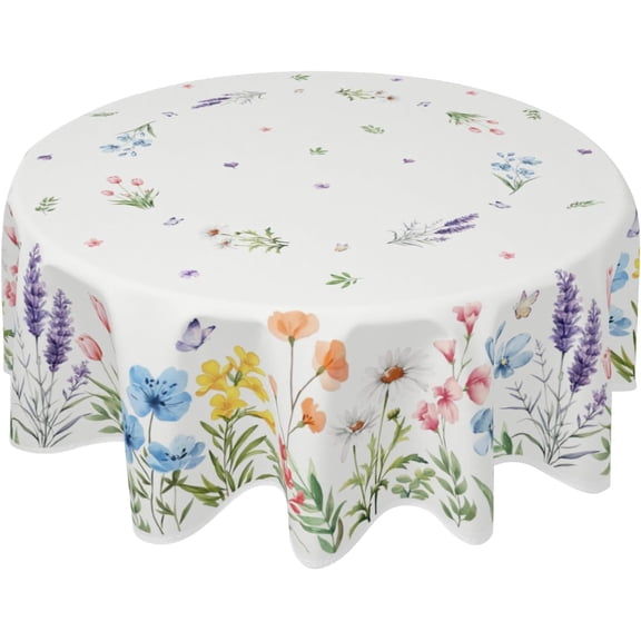 Verolix Wildflower Round Tablecloth 60 Inch, Spring Floral Table Cover for Dining Table Decoration