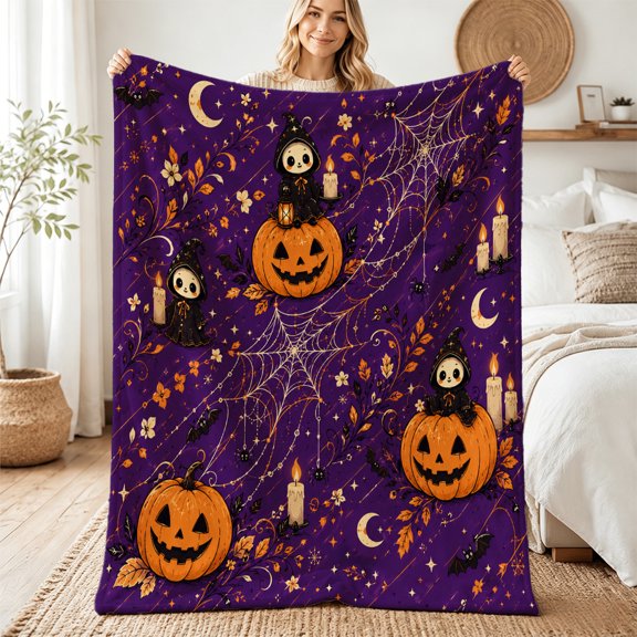 Verolix Witchy Pumpkin Web Flannel Throw Blanket for Couch and Bed, Halloween Gift, 30" x 40"