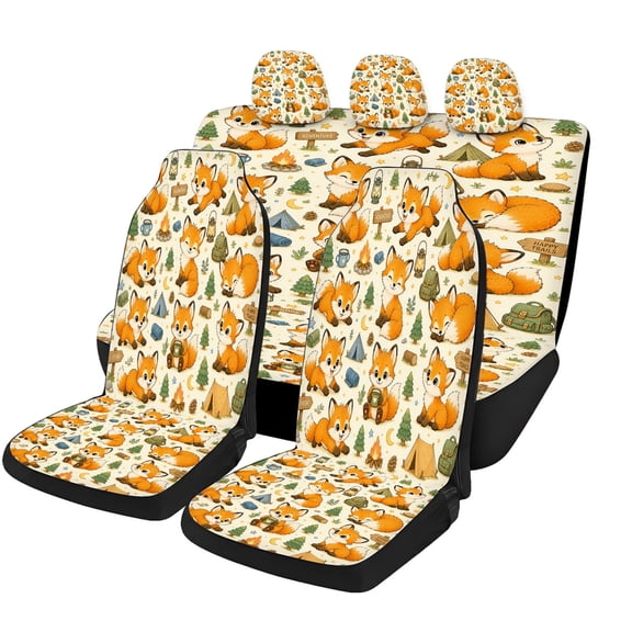 Verolix Woodland Camping Fox Car Seat Cover Set Full Set, Cute Forest Animal Print Automotive Interior Protector Mesh Fabric Universal Fit for Car SUV Truck Van Seats