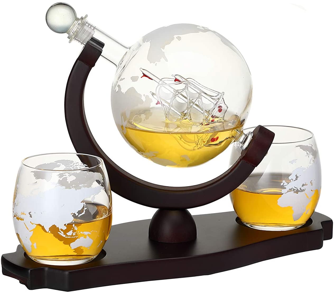 Verolux Whiskey Globe Decanter Set with 2 Glasses with Etched World Map in Gift Box