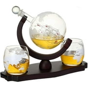 Verolux Whiskey Globe Decanter Set with 2 Glasses with Etched World Map in Gift Box - for Liquor, Whiskey, Brandy, Gin, Rum, Tequila, Vodka, and Brandy - Home B