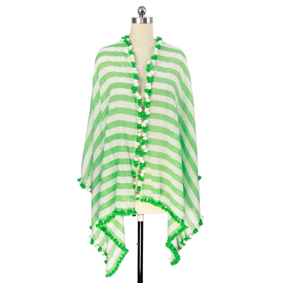 Veroma Green and White Striped Scarf with Pom Fringe, 100% Cotton Scarf