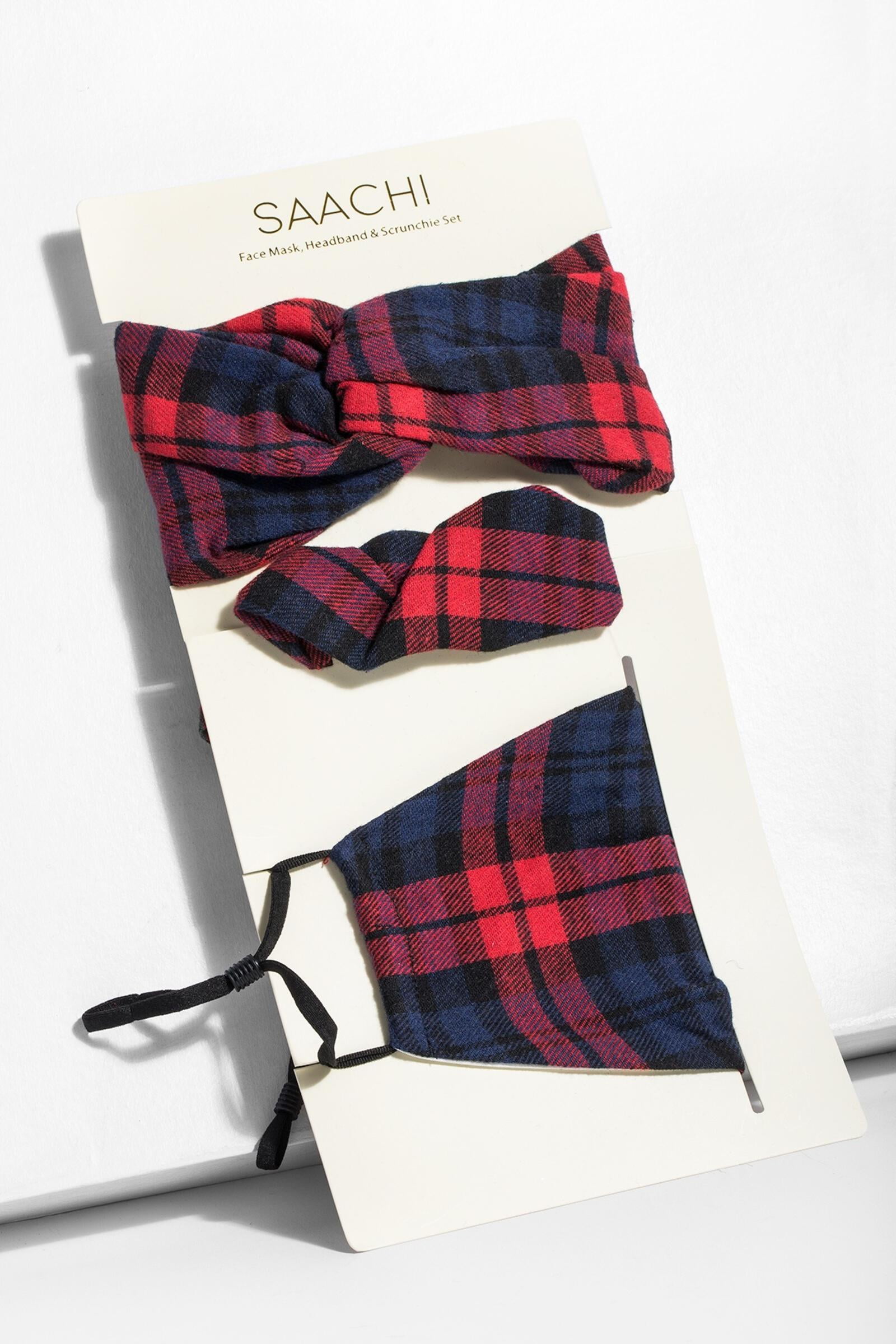 Veroma Red Navy Plaid Face Mask, Headband, Scrunchi 3 Piece Set