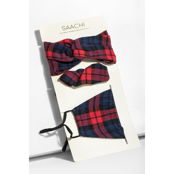 Veroma Red Navy Plaid Face Mask, Headband, Scrunchi 3 Piece Set