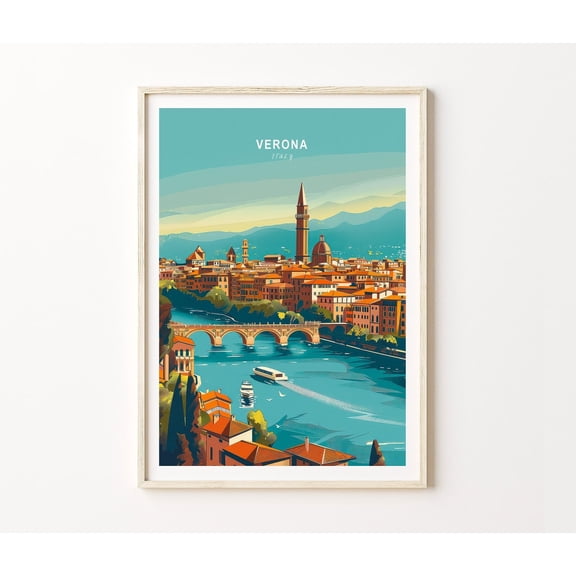 Verona Italy Adige River Historic Cityscape Wall Art Decor, Unframed Paper Poster 8x10in