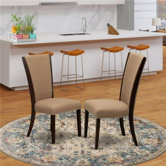 Verona Mahogany Solid Wood Structure Dining Chair with Light Sable Linen Fabric Seat with Nail Head & Stylish Back - Set of 2