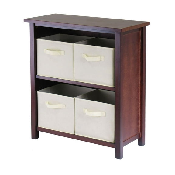 Verona Storage Shelf with Baskets, 2-Section M Bookcase - Warm Walnut Finish, Foldable Fabric Bins, Home Organization for Living Room, Bedroom, or Office