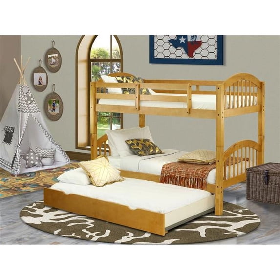Verona Twin Size Bunk Bed with Convertible Trundle & Drawer - Natural Oak