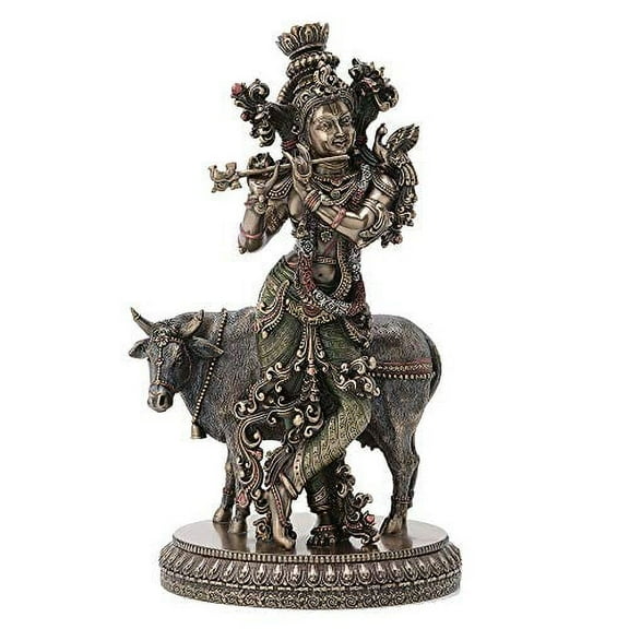 Veronese Design 10 1/2 Inch Hindu God Krishna and The Holy Cow Cold Cast Resin Bronze Finish Sculpture Figurine