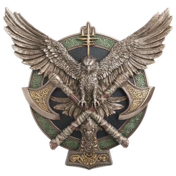 Veronese Design 10 3/4 Inch Wings Of Valhalla Twin Axe Falcon Shield Wall Plaque Cold Cast Resin Bronze Finish Sculpture