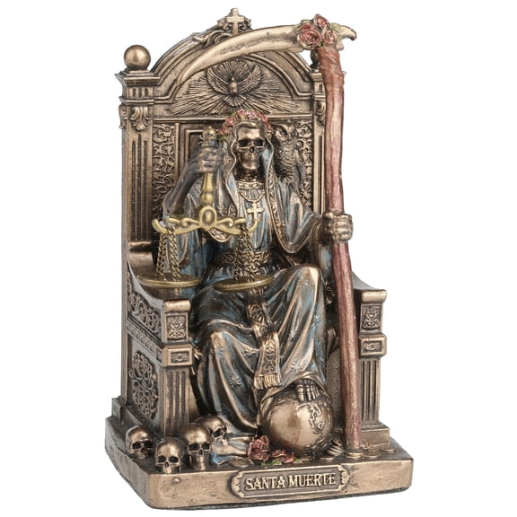 Veronese Design 3 3/8 Inch Santa Muerte Seating On Throne Holding Scythe and Scale Polystone Hand Painted Bronze Finish Collectible Figurine Home Decor