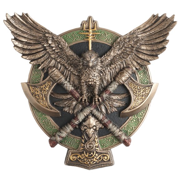 Veronese Design 4 1/4 Inch Wings of Valhalla Twin Axe Falcon Shield Wall Plaque Polystone Painted Bronze Finish Sculpture